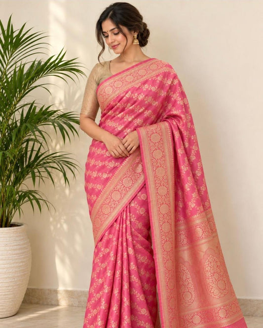 Fuchsia Pink All-Over Gold Zari Jaal & Rich Pallu Banarasi Katan Silk Saree - samasta.in #