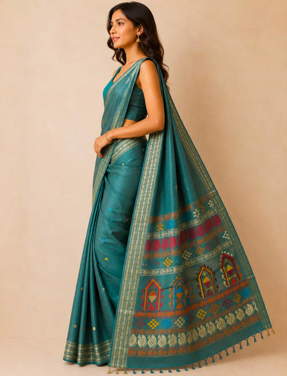 Teal Green Thread Woven Tussar Silk Saree