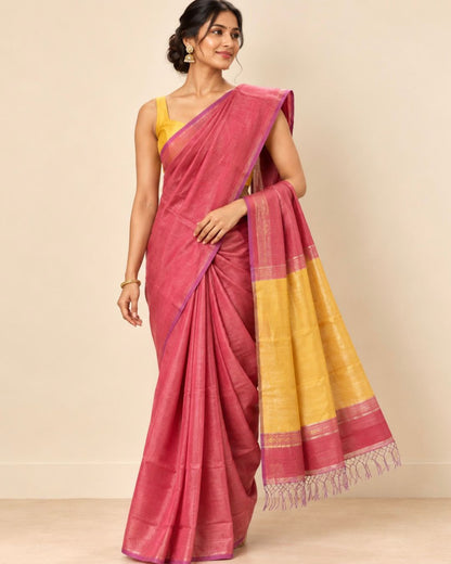 Pink Tissue Cotton Saree with Purple Border and Mustard Gold Pallu Fulia