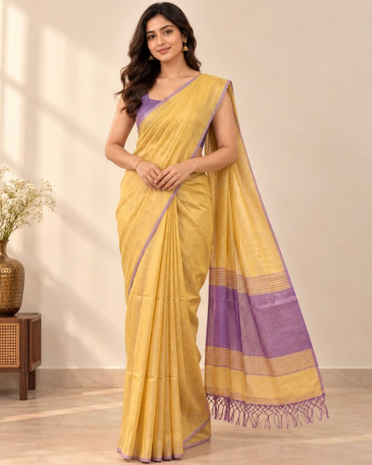 Yellow Fulia Cotton Tissue Saree with Purple Border and Tassels Pallu