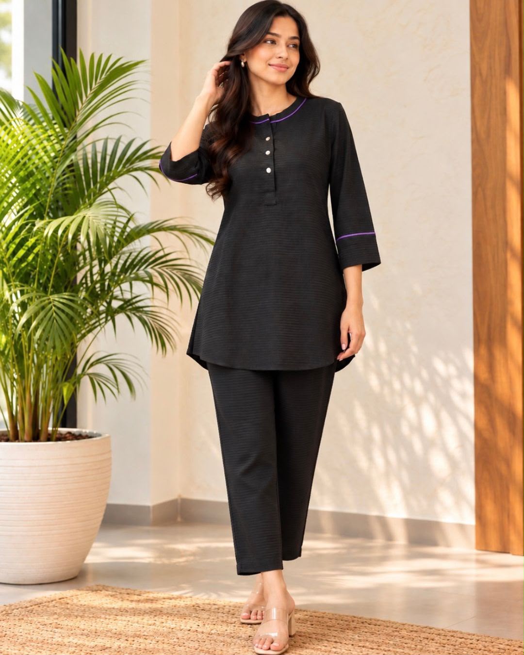 Black Chinese Collar Tussar Silk Cotton Tunic