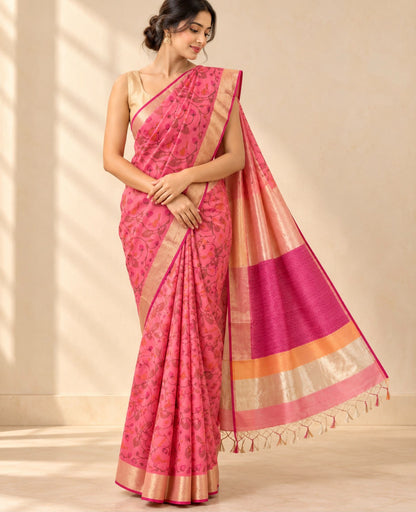 Coral PinkJaal Floral Printed Marm Chanderi Silk Cotton Saree