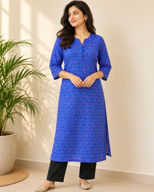 Blue Deepam Neck Ikat Silk Dress - samasta.in #
