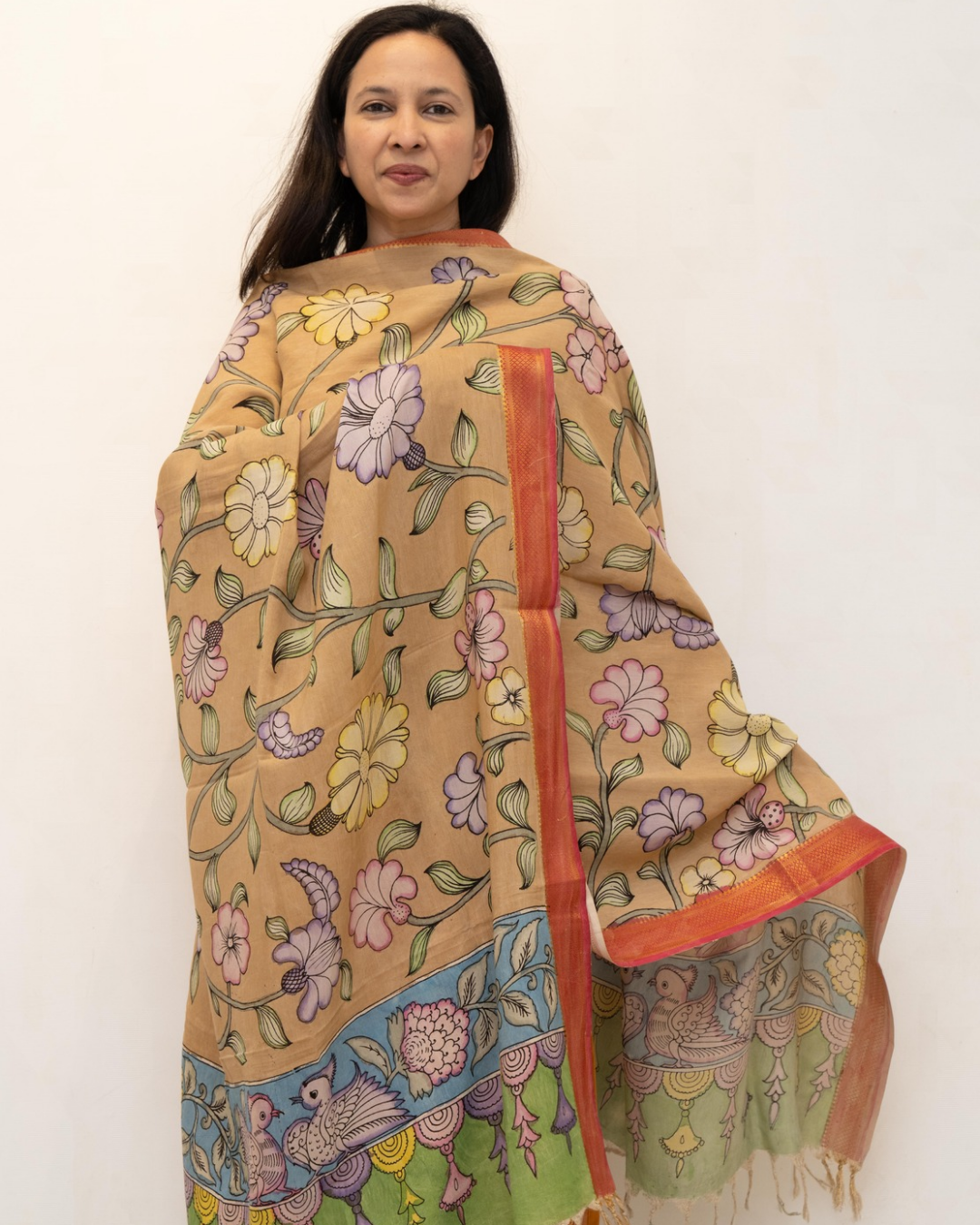 Beige 3 Pen Kalamkari Silk Dupatta