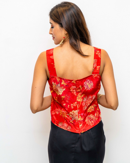 Red Printed Floral Modal Sleeveless Square Neck Strappy Blouse (Copy)