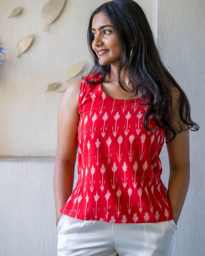 Red Ikat Sleeveless Cotton Top
