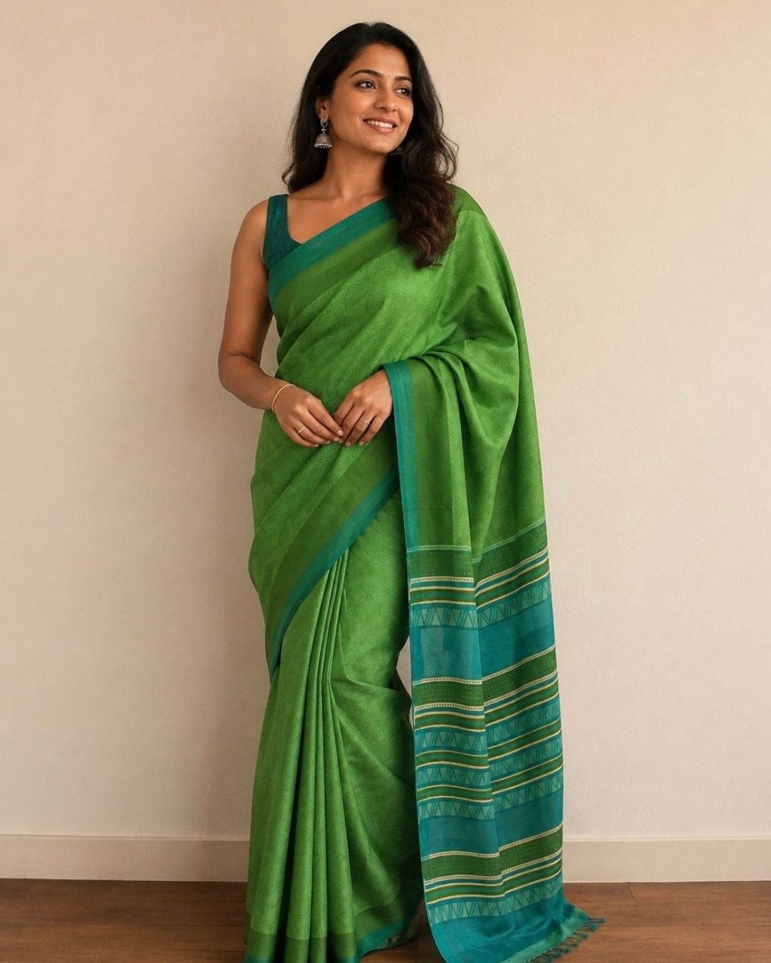 Green Printed Tussar Silk Saree
