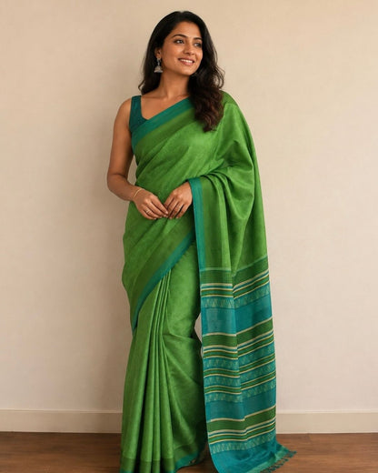 Green Printed Tussar Silk Saree