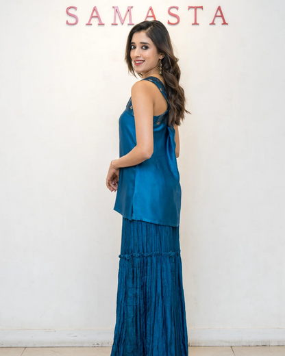 Blue Sleeveless Brocade Modal Silk Tunic