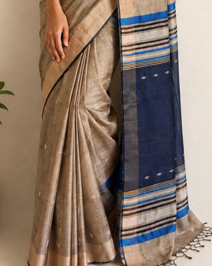 Beige Bhagalpur Tussar Silk Saree - samasta.in #