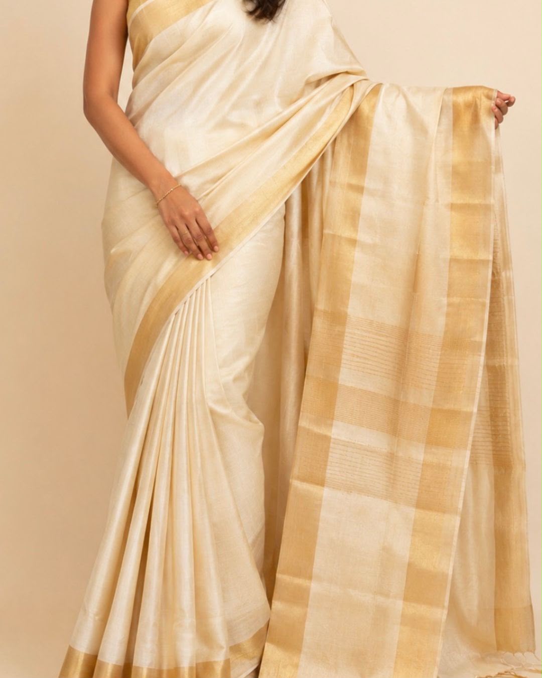 Cream Gold Border Tussar Silk Saree