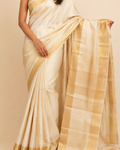 Cream Gold Border Tussar Silk Saree
