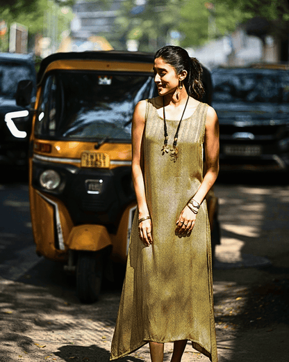 Yellow Black Zigzag Printed Sleeveless Modal Silk dress