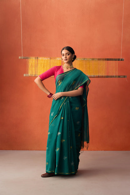 Bottle Green Jamdani Cotton Saree