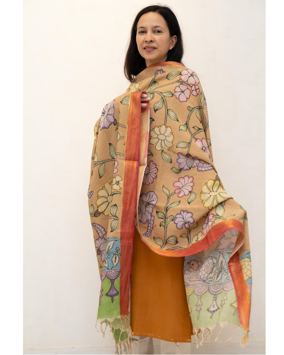 Beige 3 Pen Kalamkari Silk Dupatta
