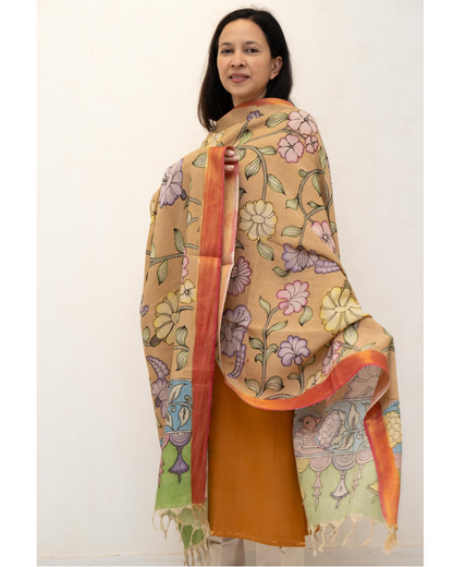 Beige 3 Pen Kalamkari Silk Dupatta