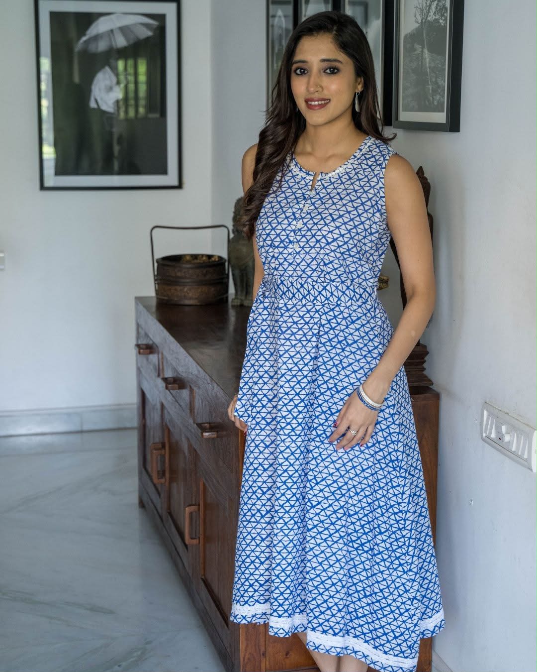 White Blue Geometric Sleeveless Vest Belt Cotton Dress