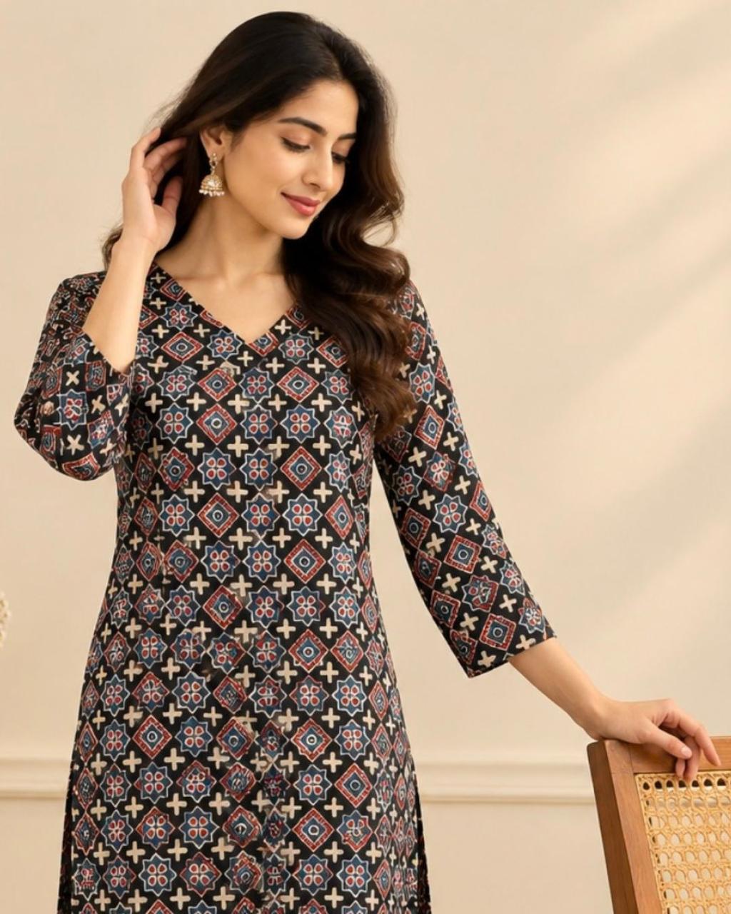 Black Ajrakh Printed V Neck Modal Silk Long Kurta