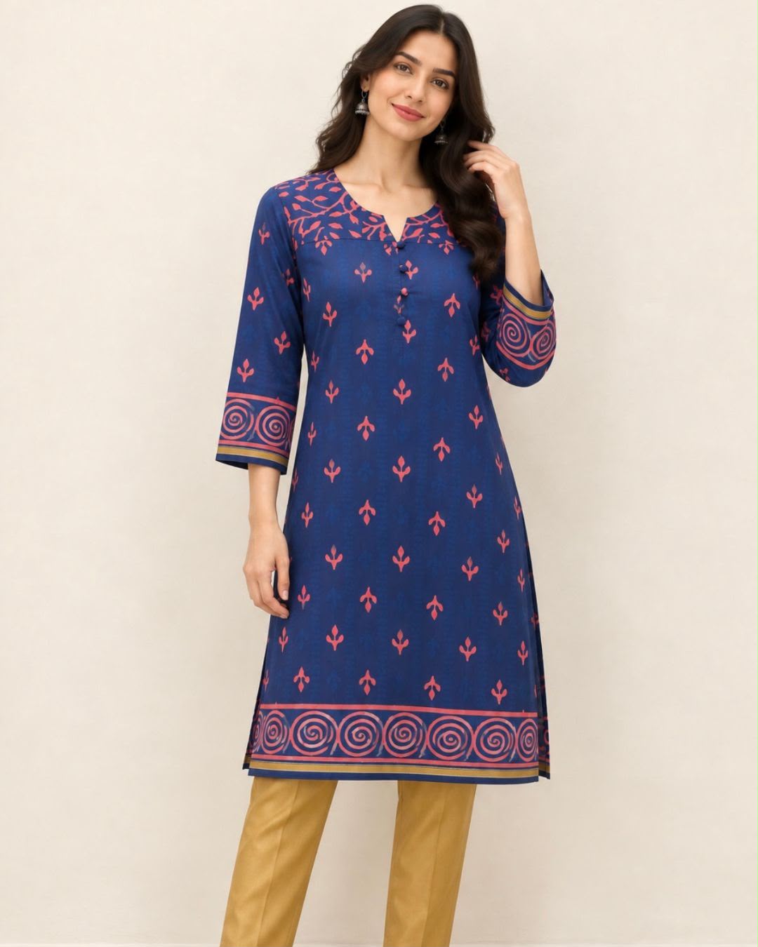 Blue Pink Hand Block Printed Chanderi Silk Cotton Long Kurta