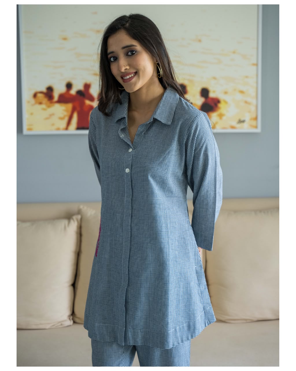Grey Checks Collar Cotton Co Ord Set