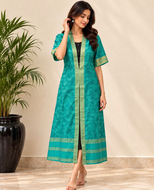 Emerald Green Abstract Cloud Wave Printed Mulberry Silk Overlay - samasta.in #