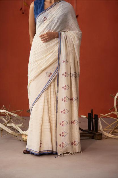 OffWhite Zari Striped Jamdani Cotton Saree