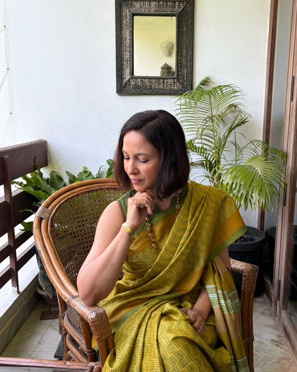Yellow Green Printed Tussar Silk