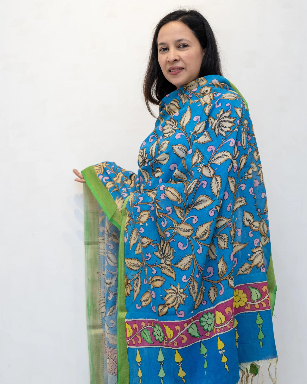 Blue 4 Pen Kalamkari Silk Dupatta