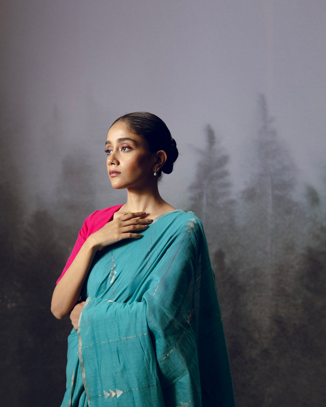 Teal Blue Jamdani Khadi Silk Saree