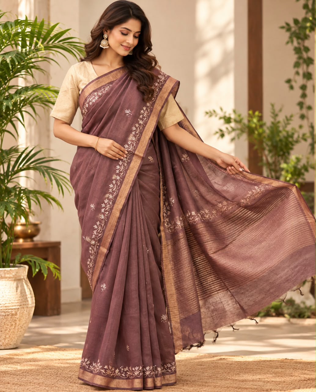 Brown Floral Kantha Embroidery Mulberry Silk Saree