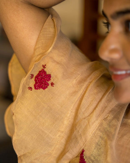Gold Cotton Tissue Maroon Embroidery Petal Sleeves Top with Slip