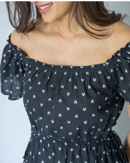 Black White Off-Shoulder Cotton Keyhole Dress