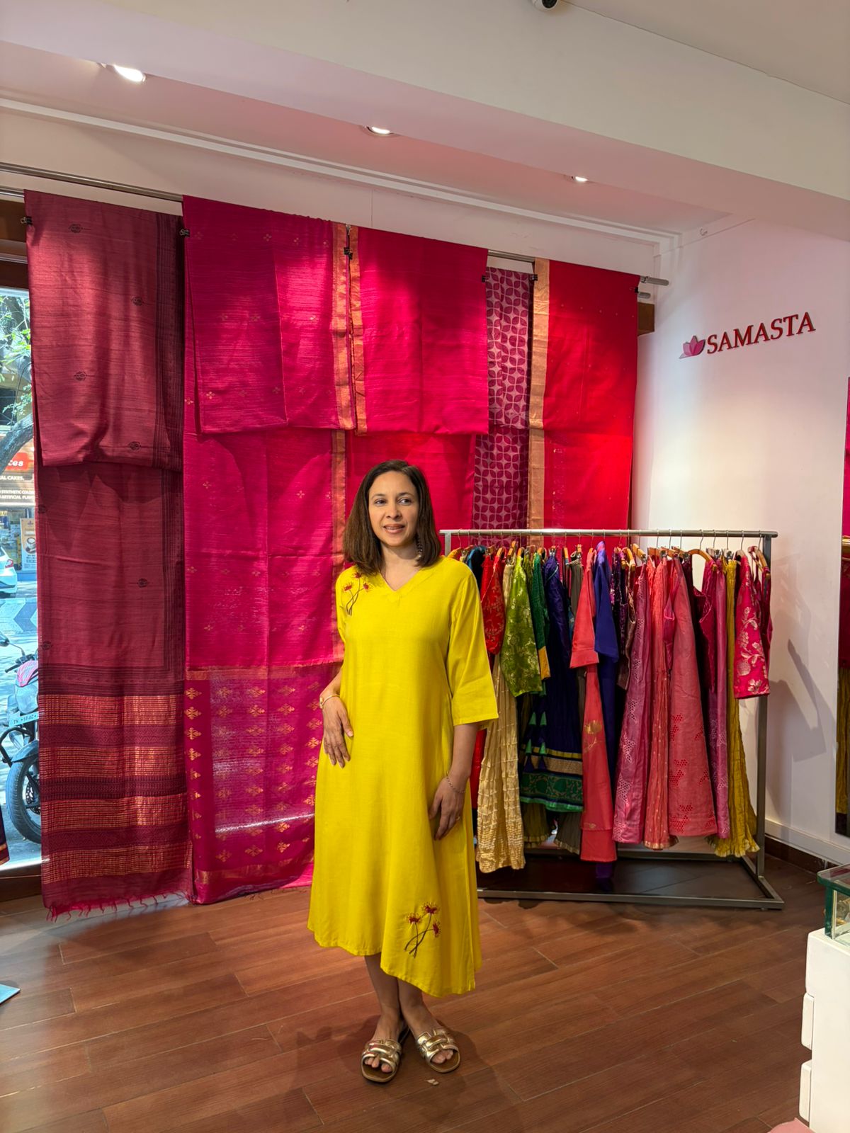 Yellow crysanthemum Tussar Cotton Dress