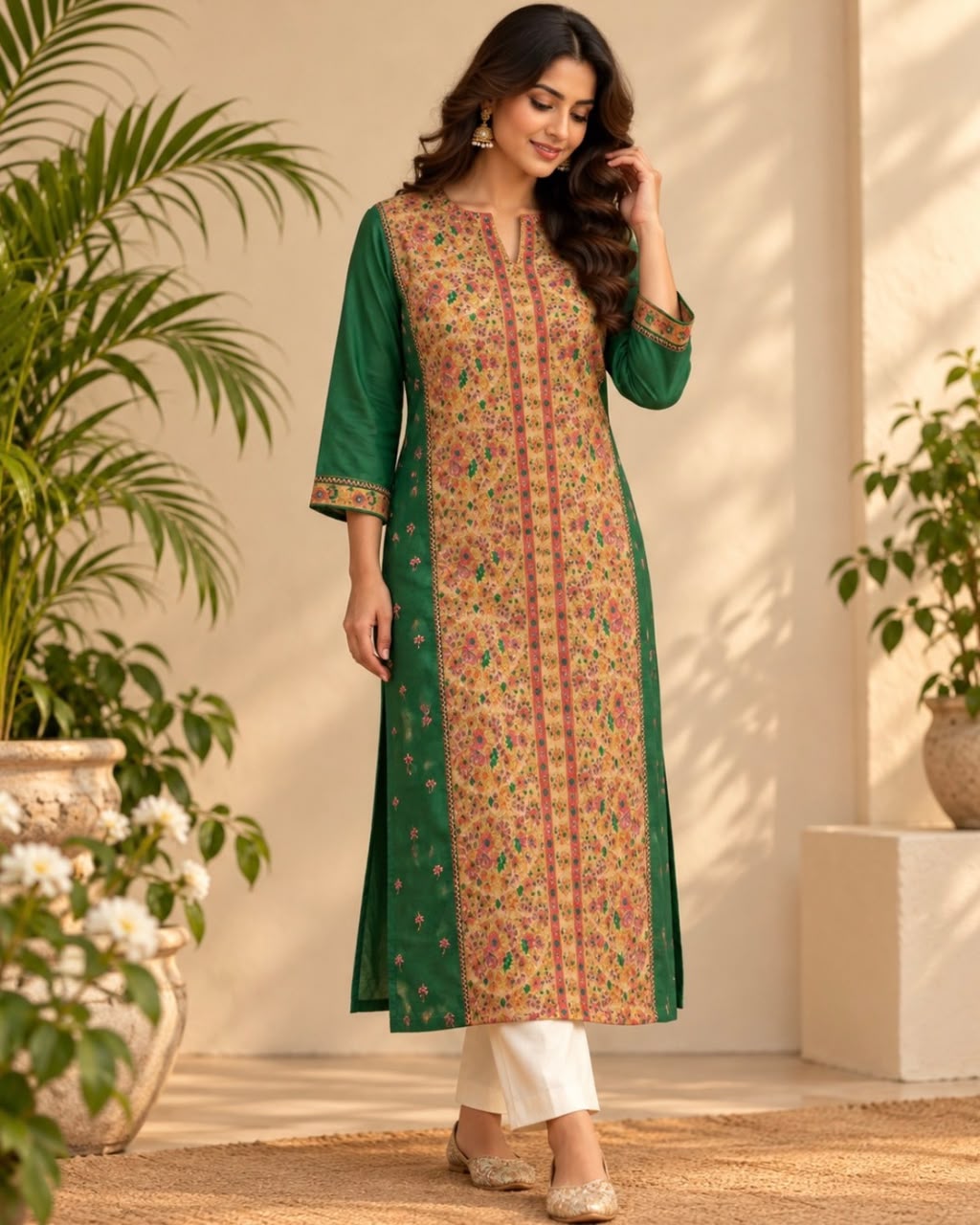 Bottle Green Printed Tussar Kurta with Embroidery Panel Work