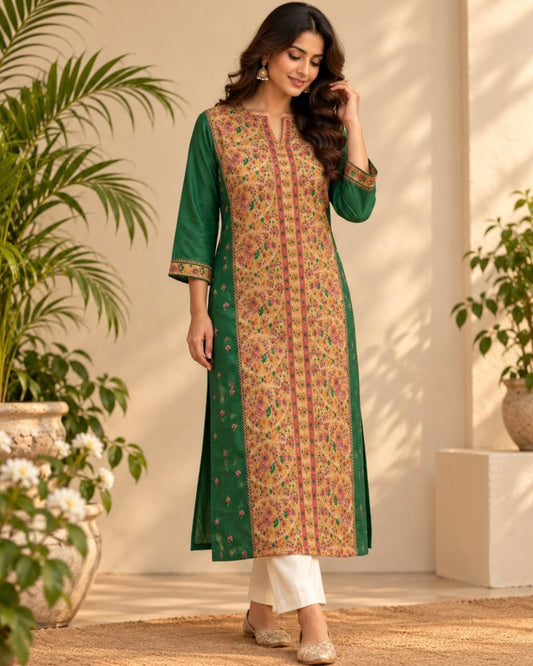 Bottle Green Printed Tussar Kurta with Embroidery Panel Work