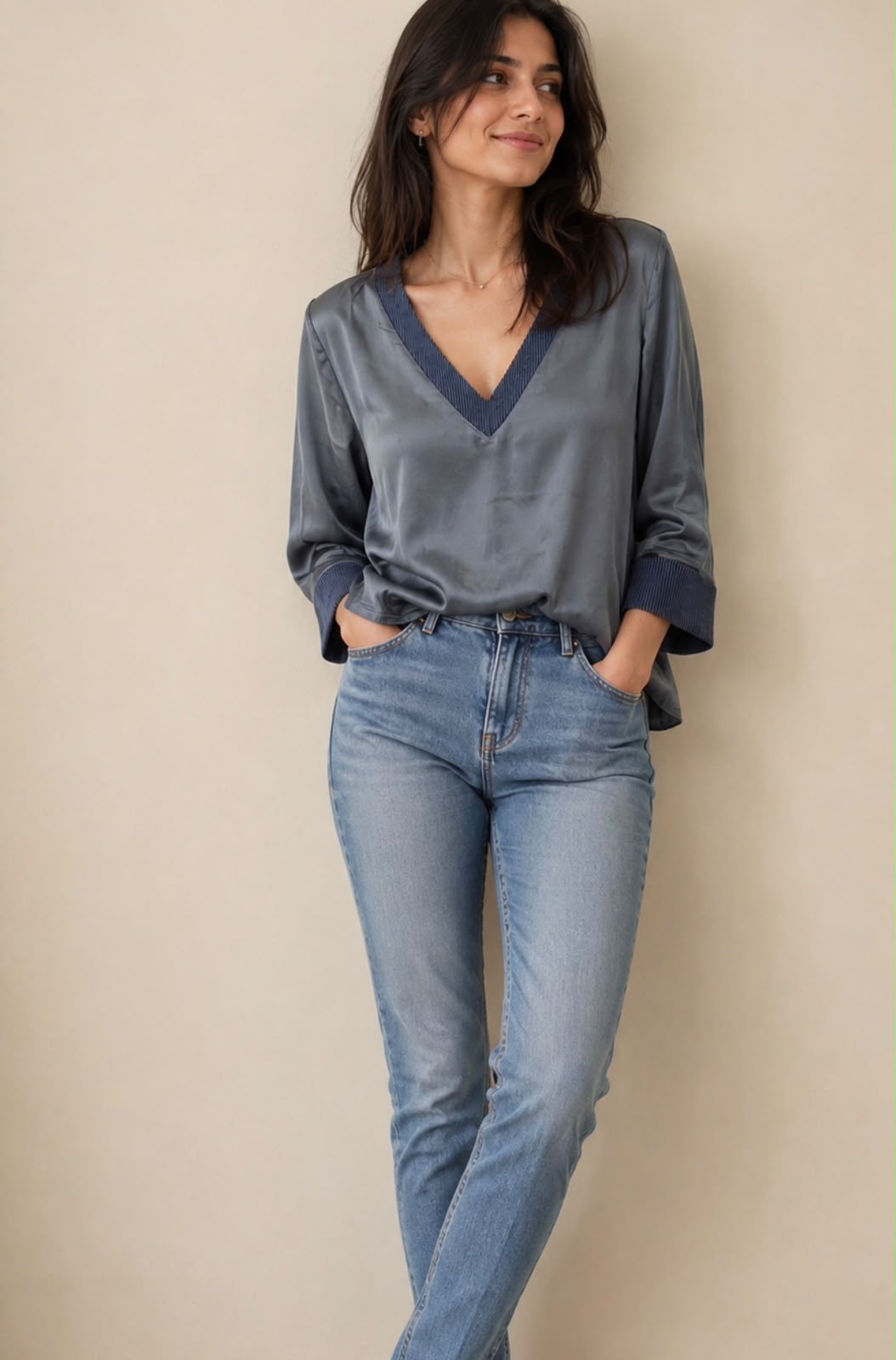 Grey V Neck Cuff Modal Top