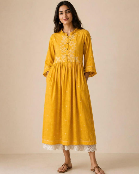 Yellow Chinese Collar Jamdani Cotton Dress