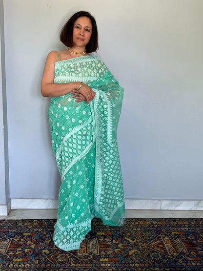 Mint Green Jamdani Fulia Daccai Muslin Saree