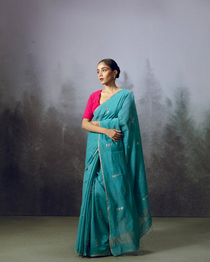 Teal Blue Jamdani Khadi Silk Saree