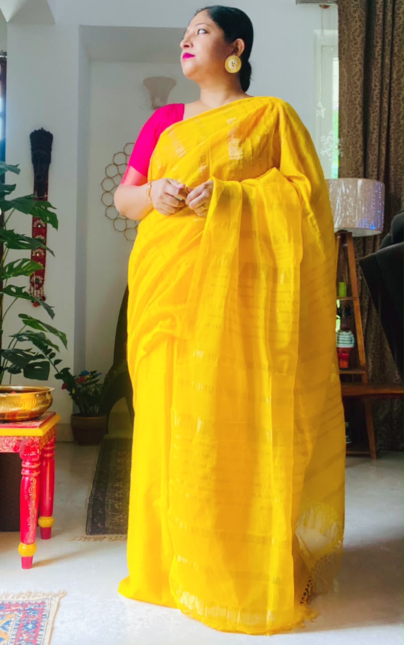 Yellow Tissue Zari Cotton Saree