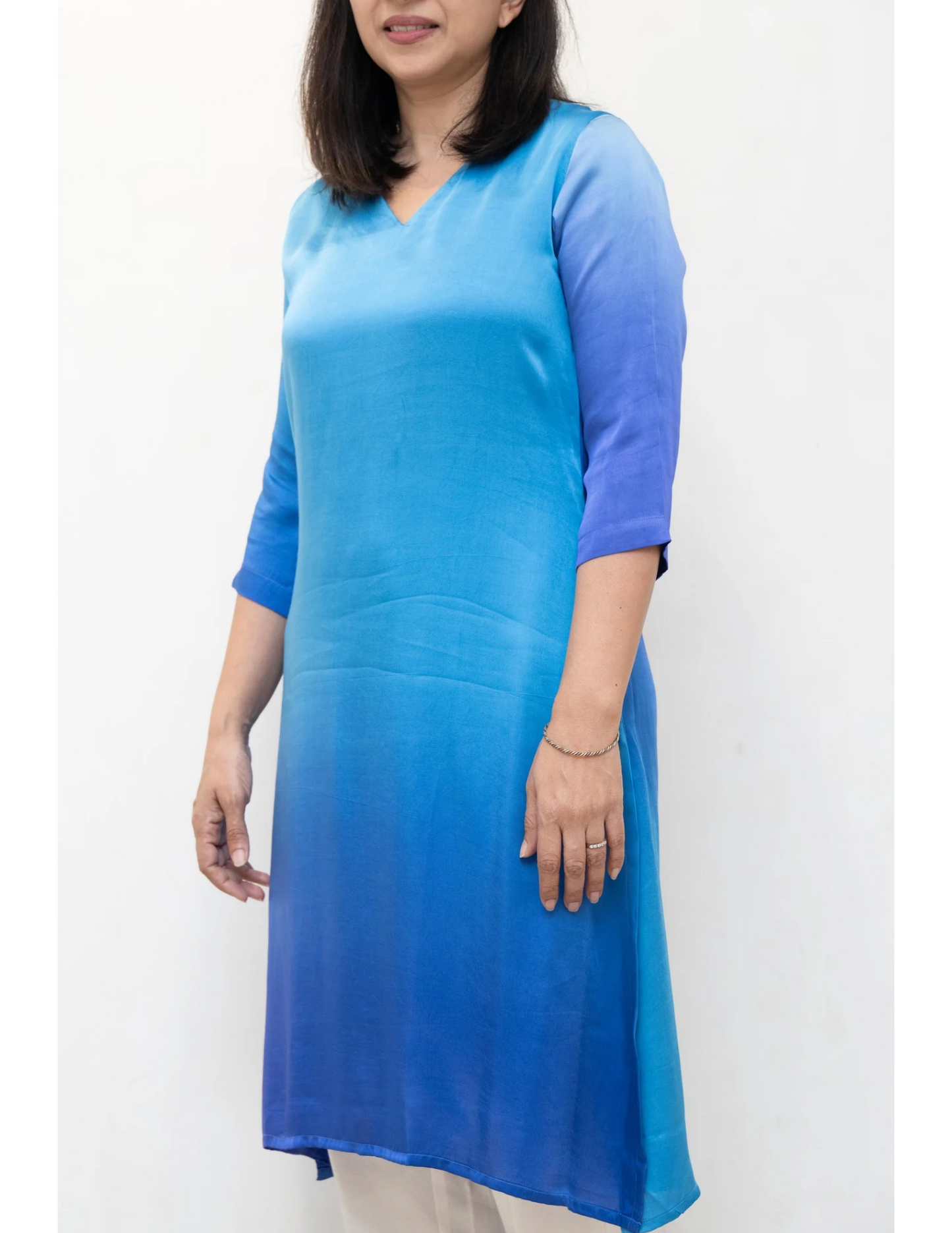 Blue Shaded V Neck Modal Silk Long Kurta