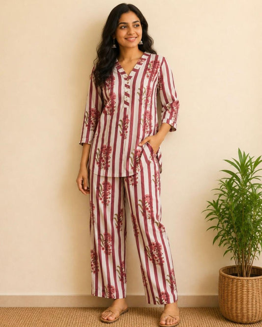 Pink White Striped Cotton Co Ord Set