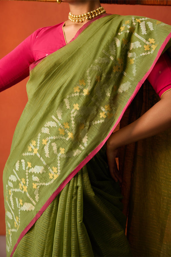 Green Jamdani Zari Lines Cotton Saree
