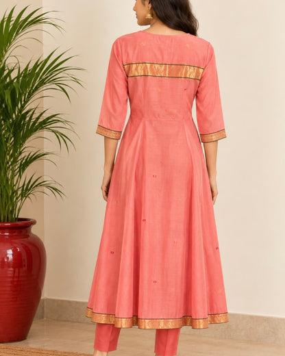Pink V Neck Maheswari Silk Cotton Dress