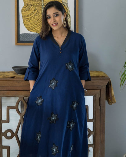 Blue Checks Applique Embroidered Cotton Dress