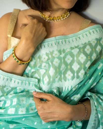 Mint Green Jamdani Fulia Daccai Muslin Saree
