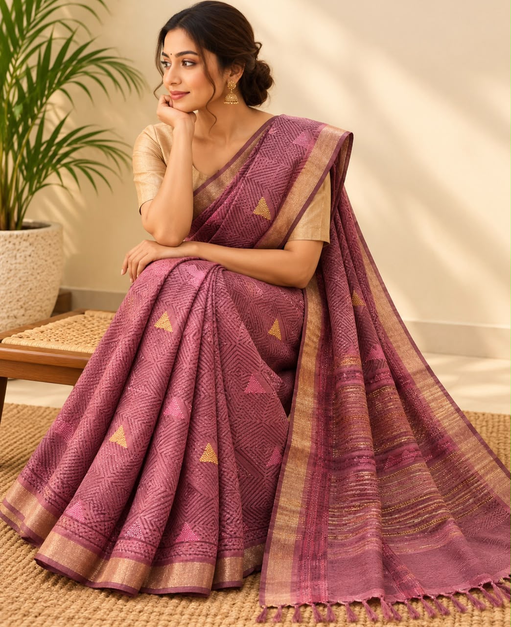 Magenta Geometric Kantha & Triangle Embroidered Buttas Mulberry Silk saree