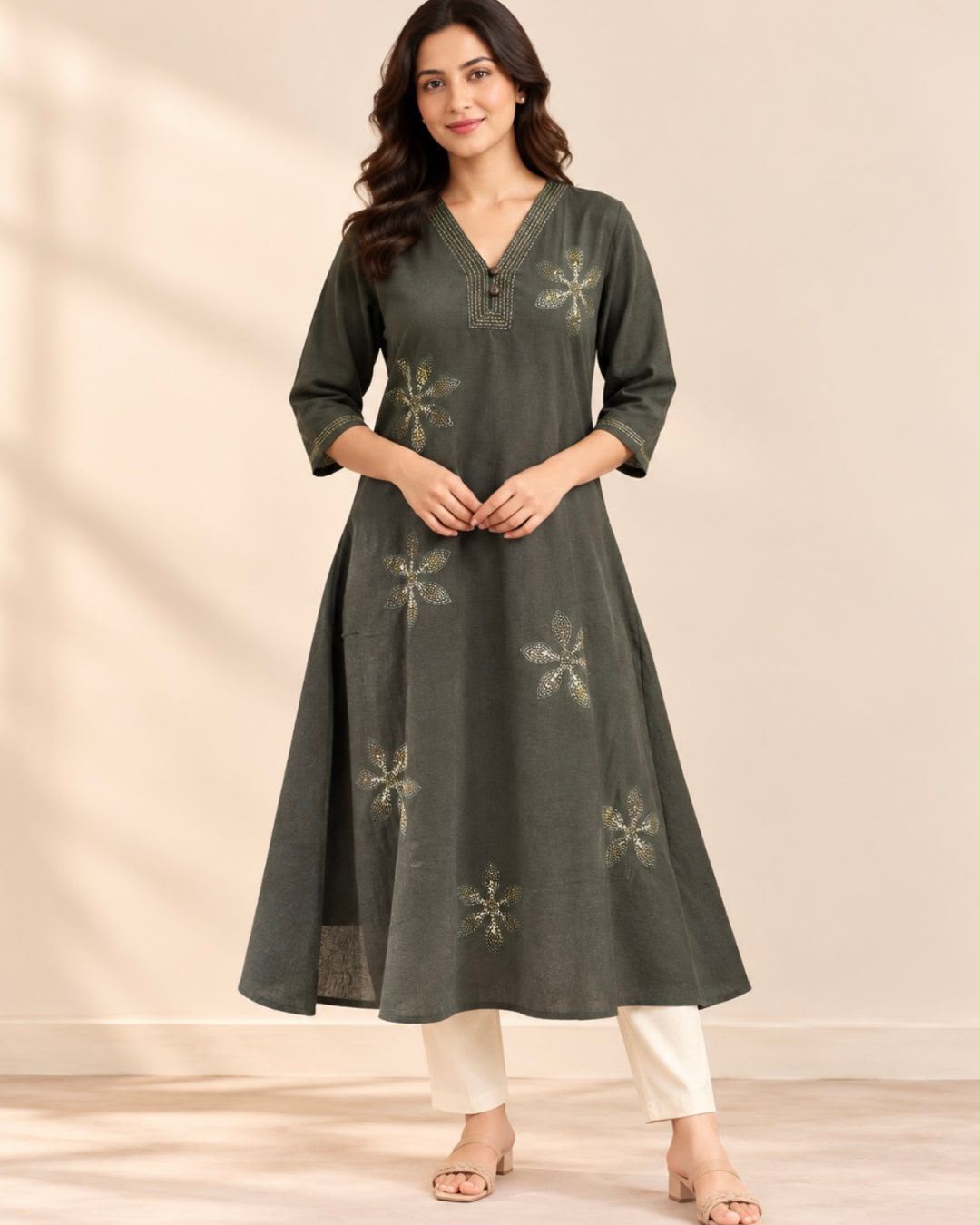 Olive Green Floral Kanta Porgai Embroidery A-Line Cotton Dress
