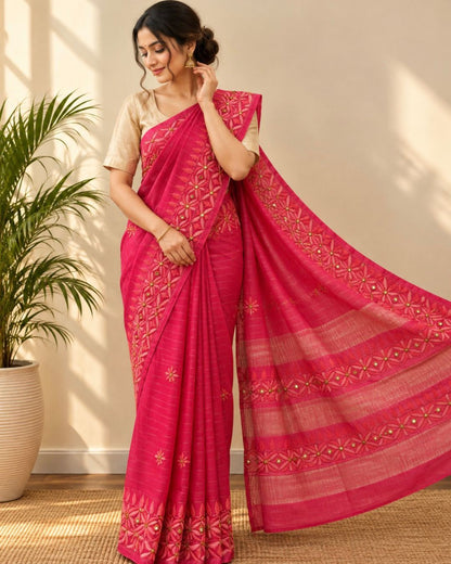 Pink Mirror Work Chikankari Embroidered Tussar Silk Saree