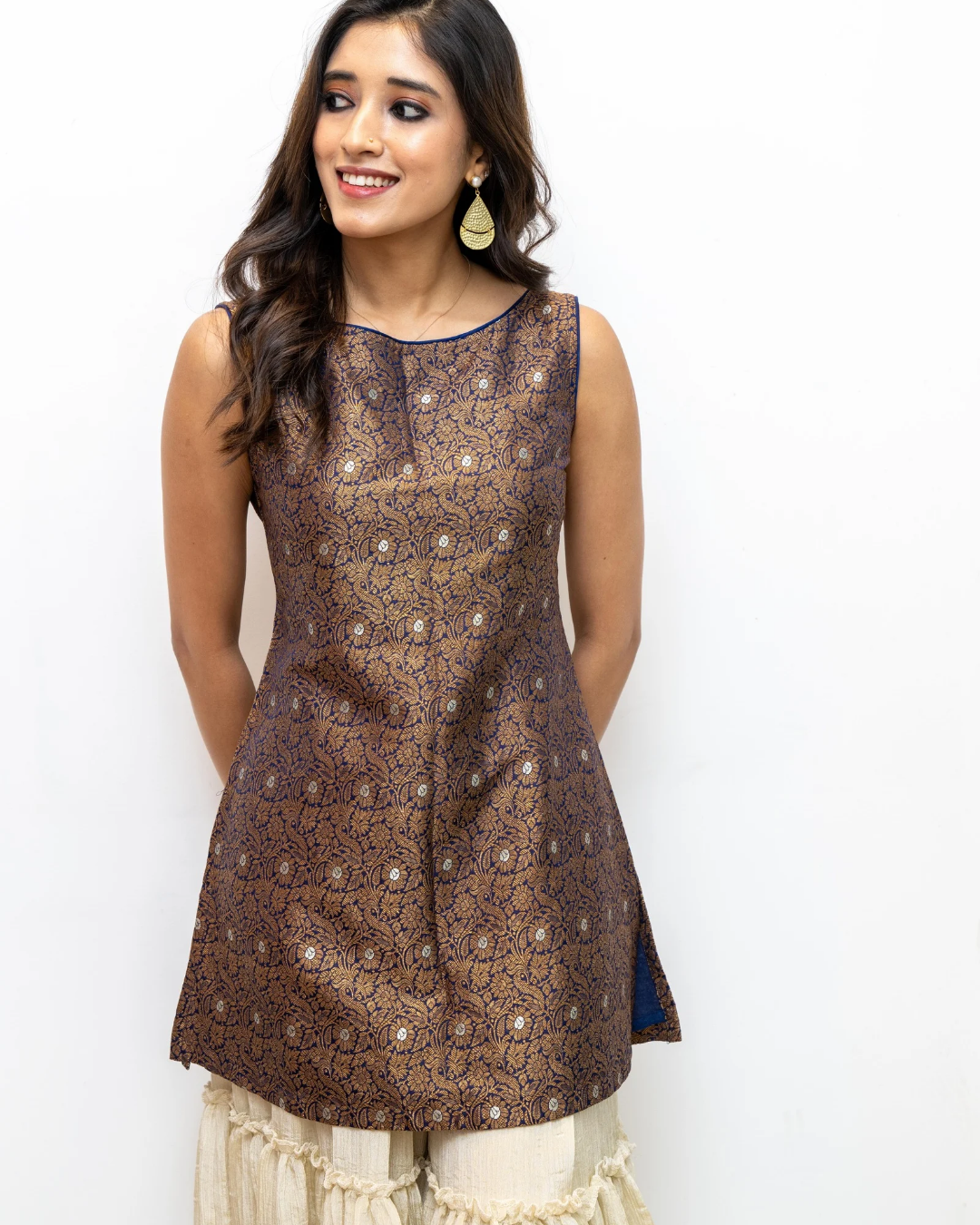 Navy Blue Brocade Silk Tunic